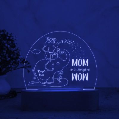 Mom is Always Wow Elephant Design Night Lamp with Multicolored Light Customized with Name Birthday Gift for Mom Kids Room Decor